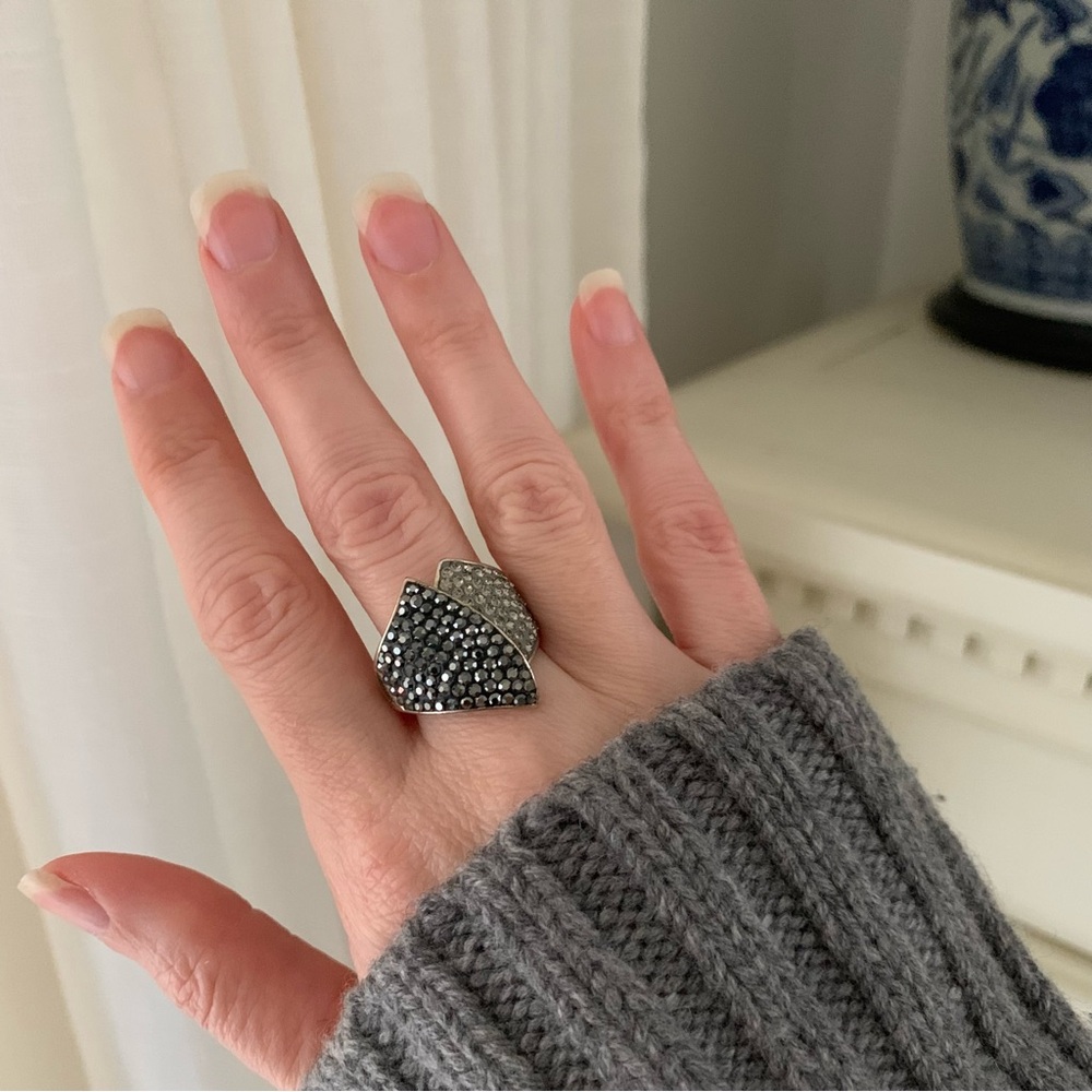 Vintage JCM Brass Ring Silver Cocktail Gray Crystals